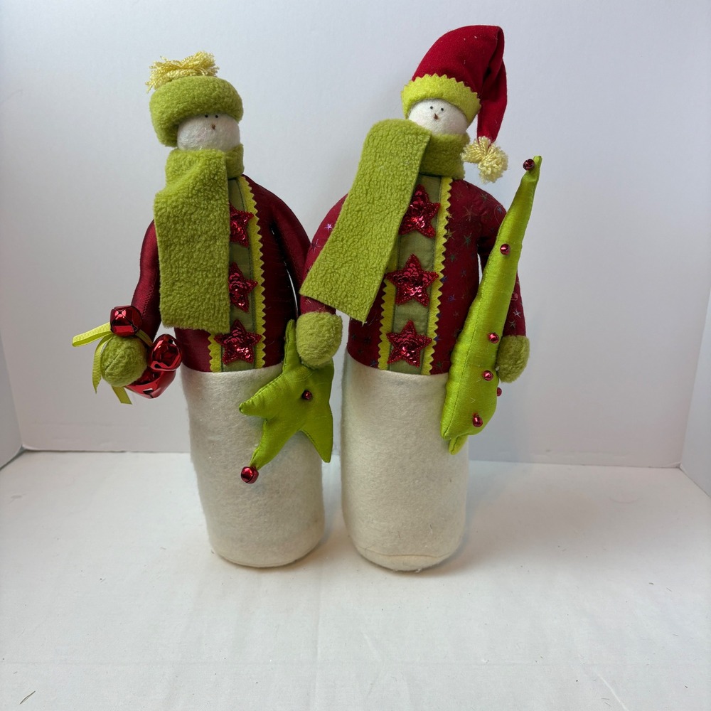 Vintage Plush Snowman Figurines Red Lime Green Felt Christmas Decor Set of 2